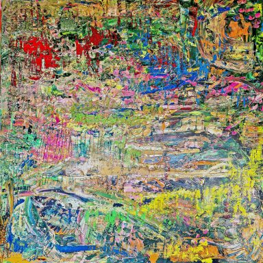 Colorit, Acryl auf Leinwand, 100x100 cm, 2020 Bunte abstrakte Malerei mit verwischten Formen und lebhaften Farben.