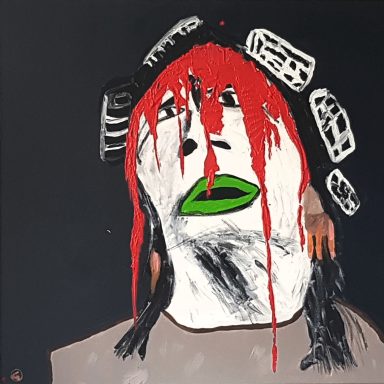 Curlers, Acryl auf Leinwand, 100x100 cm, 2022 Kunstwerk mit einer verzerrten Gesichtsdarstellung und rotem Haar auf schwarzem Hintergrund.