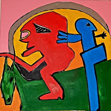 Eselsbrücke, Acryl auf Leinwand, 100x100 cm, 2022 Abstrakte Darstellung von Figuren in leuchtenden Farben mit geometrischen Formen.