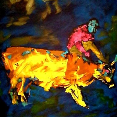 Cowboy, Acryl auf Leinwand, 100x100 cm, 2020 Eine Person in pink reitet auf einem orangefarbenen Tier vor dunklem Hintergrund.