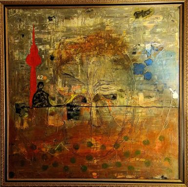 Generation B, Acryl, Fotografie und Papier auf Leinwand, 100x100 cm, 2025 Abstraktes Gemälde mit orangefarbenem Hintergrund, roter Turm und schemenhafte Figuren.