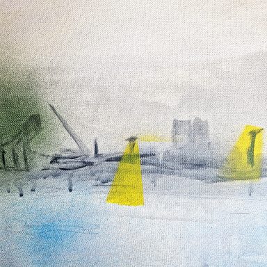 Hafen in der Nacht, Acryl auf Leinwand, 20x20 cm, 2024 Abstrakte Landschaft mit verschwommenen Gebäuden und gelben Lichtstrahlen.