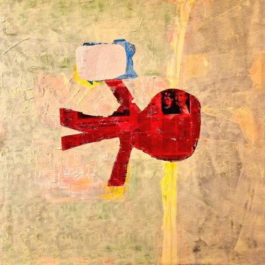 TrumpTV, Acryl, Alufolie und Papier auf Leinwand, 100x100 cm, 2025 Rote Figur hält einen blauen Fernseher vor einem sanften Hintergrund.