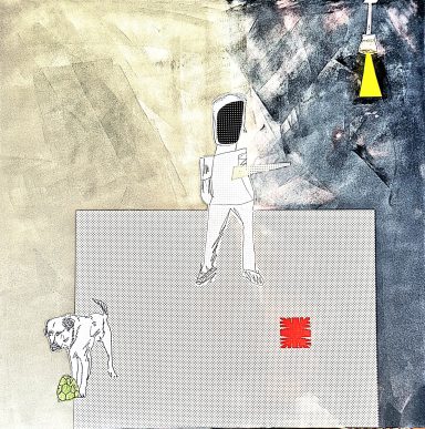 Lucky in the Universe, Acryl und Papier auf Leinwand, 100x100 cm, 2024 Ein Weißer Mann in Anzug steht auf einem Gitter, während ein Hund ihn beobachtet.