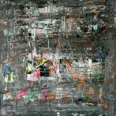 Grey on Colour, Acryl auf Leinwand, 100x100 cm, 2023 Abstrakte Malerei mit grauen und bunten Farbschichten, chaotische Texturen und Muster.