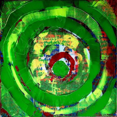 Farbige, spiralförmige Muster in Grün, Blau, Rot und Gelb auf abstraktem Hintergrund.