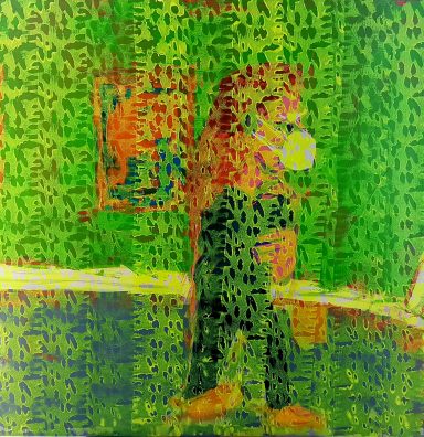 Museumsbesuch hinter Textil, Acryl auf Leinwand, 100x100 cm, 2019 Eine Person in schwarzer Kleidung steht im Raum und schaut auf ein Gerät.