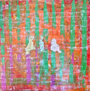 3 Figuren, Acryl und Spitzenpapier auf Leinwand, 100x100 cm, 2024 Bunte abstrakte Darstellung mit drei Figuren und streifenförmigen Mustern.